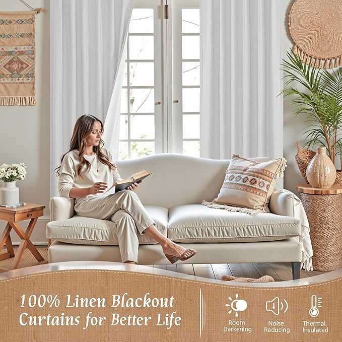 LAMIT Short Window Linen Curtains 48 Inch Length 2 Panels, 100% Blackout Linen