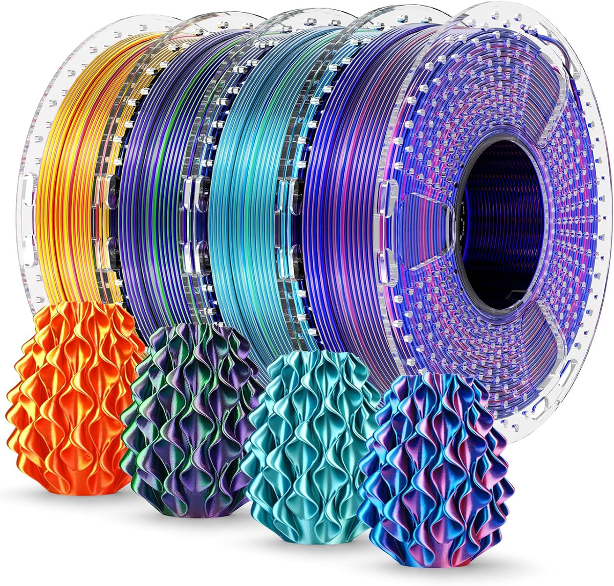 SUNLU Silk PLA+ Filament 1.75mm Multicolor 250gx4, Silky Glossy Dual Color PLA Plus 3D Printer Filament Bundle for Bambu Lab 3D Printers, Red Gold+Blue Green+Red Blue+Green Purple