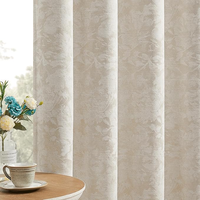 Beauoop Beige Floral Jacquard Blackout Curtains 84 Inches Long 2 Panels