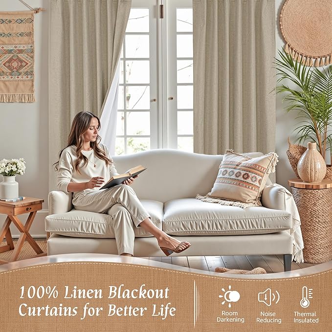 LAMIT Natural 100% Blackout Linen Curtains, 54 Inches Linen Textured Thermal