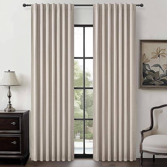 Grey Flax Taupe Hook Belt&Rod Pocket Curtains 84 inch Length 2 Panels Set