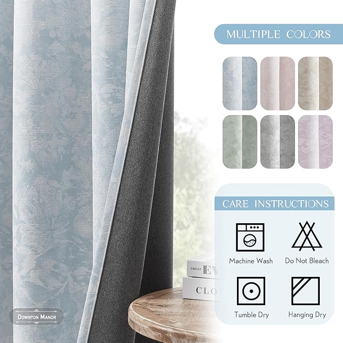 Beauoop Blue Floral Jacquard Blackout Curtains 84 Inches Long