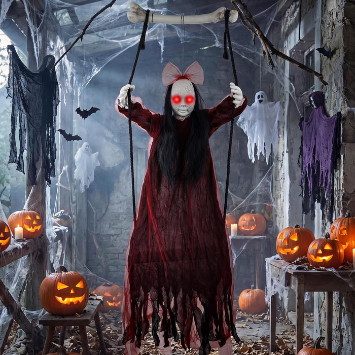 Halloween Decorations Outdoor, Creepy 57” Hanging Swinging Ghost Doll Girl, Sound/Touch Activated Hanging Ghost, Light-Up Red Eyes Halloween Haunted House Prop for Porch Yard Tree Garden Graveyard