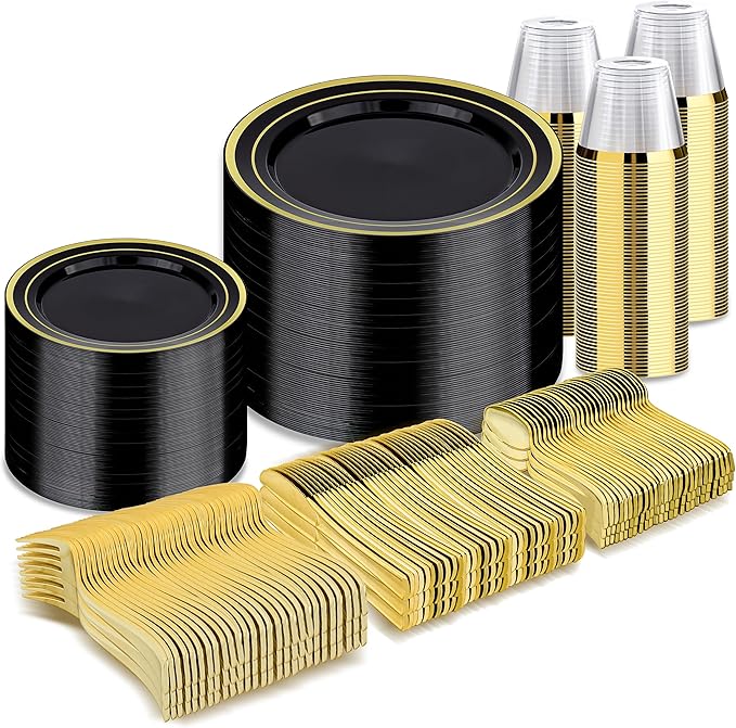 BESTVIP 600PCS Black Gold Dinnerware Set for 100 Guests, Plastic Plates for Halloween Party and Christmas, 100 Disposable Plates, 100 Dessert Plates, 100 Cups, 100 Spoons, 100 Forks and 100 Knives