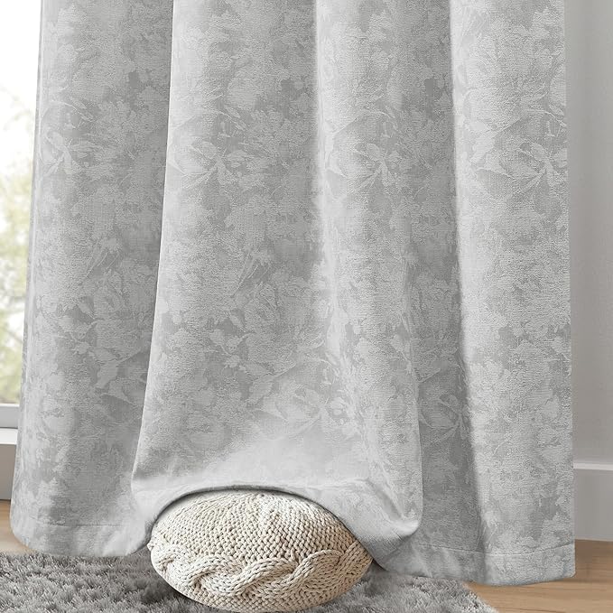 Beauoop Grey Floral Jacquard Blackout Curtains 96 Inches Long 2 Panels