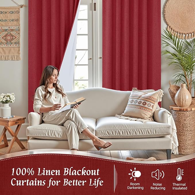 LAMIT 100% Blackout Linen Curtains 63 Inches Long, Linen Textured Living Room
