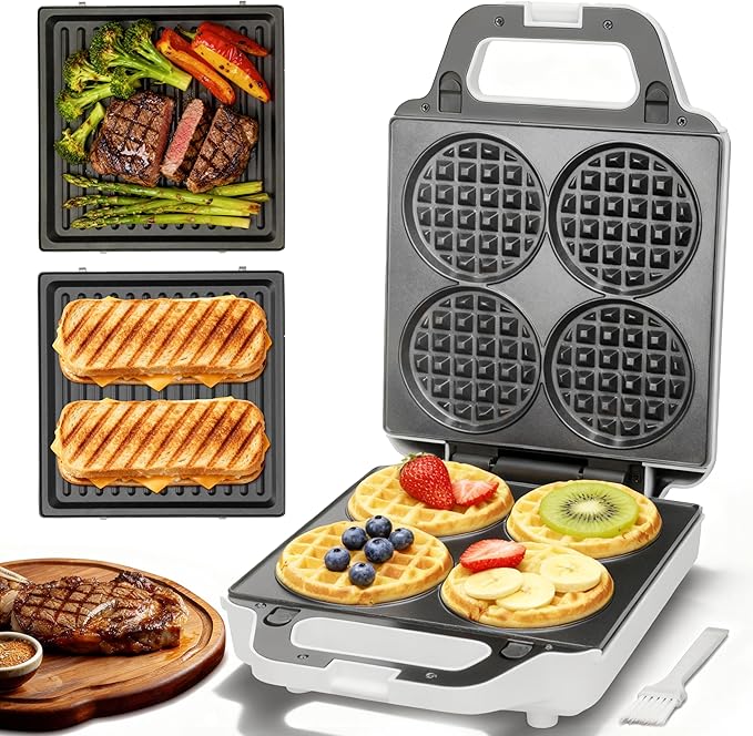 2 in 1 Mini Waffle Maker with Removable Plates, Panini Press Sandwich Maker