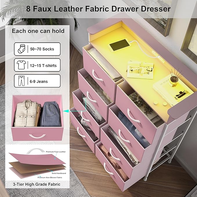 Pink Dresser for Bedroom with Charing Station Dressers with LED Lights Tall