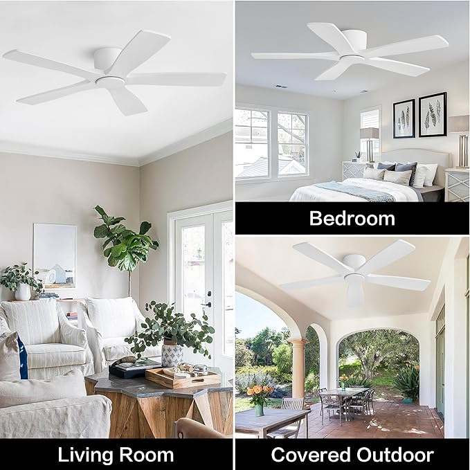WINGBO 54" Flush Mount DC Ceiling Fans Without Lights, 5 Carved Solid Wood