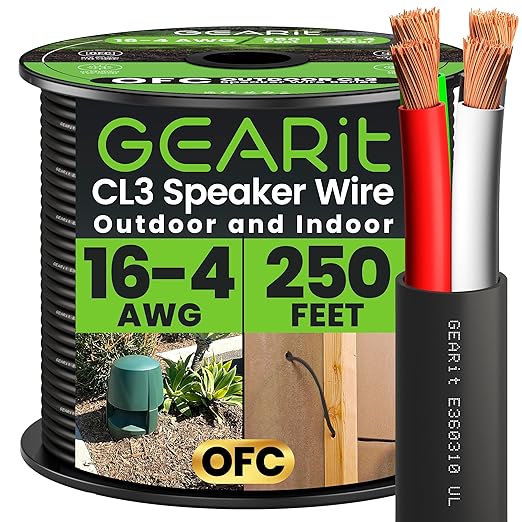 GEARit Outdoor Speaker Wire CL3 Rated, 16 Gauge Speaker Wire, Speaker Cable 250