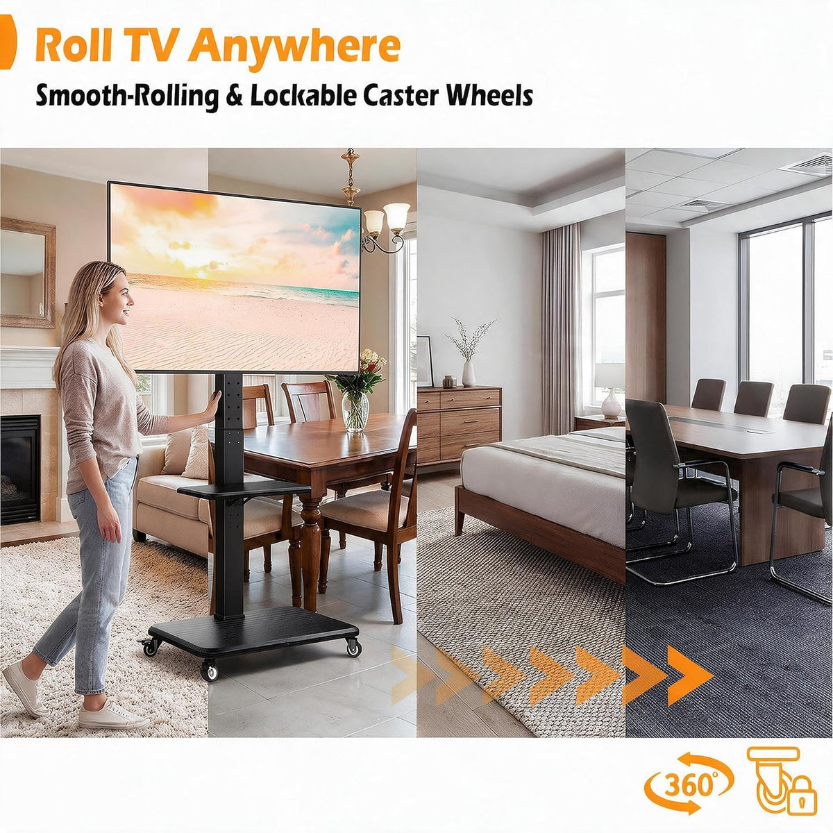 perlegear rolling tv stand for 30-75 inch tvs, front angle view