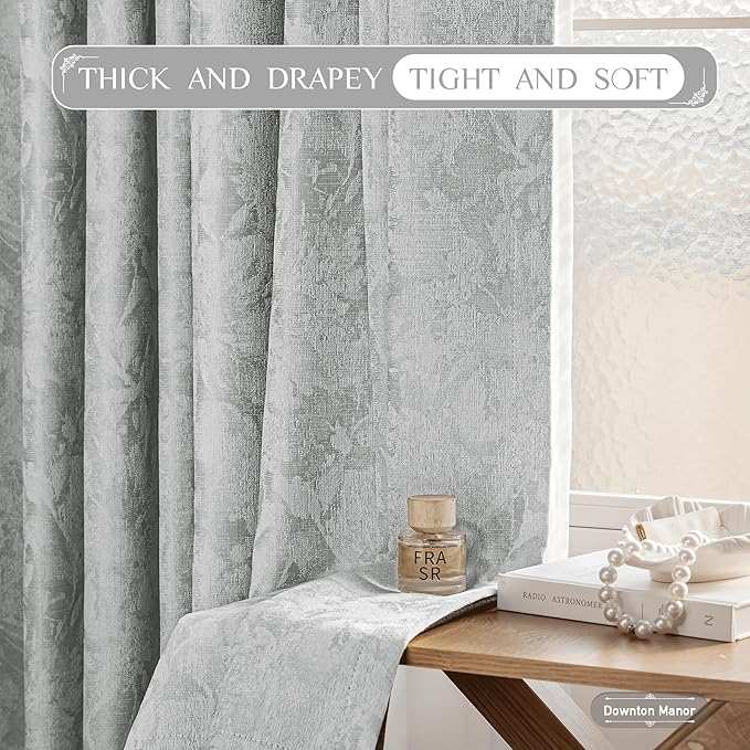 Beauoop Grey Floral Jacquard Blackout Curtains 84 Inches Long 2 Panels