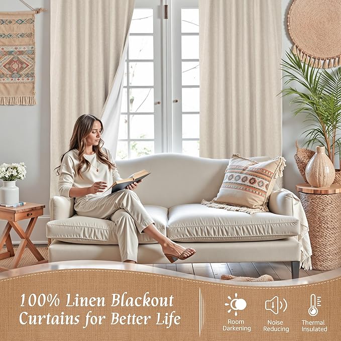 LAMIT 100% Blackout Natural Linen Curtains, 72 Inches Linen Textured Thermal