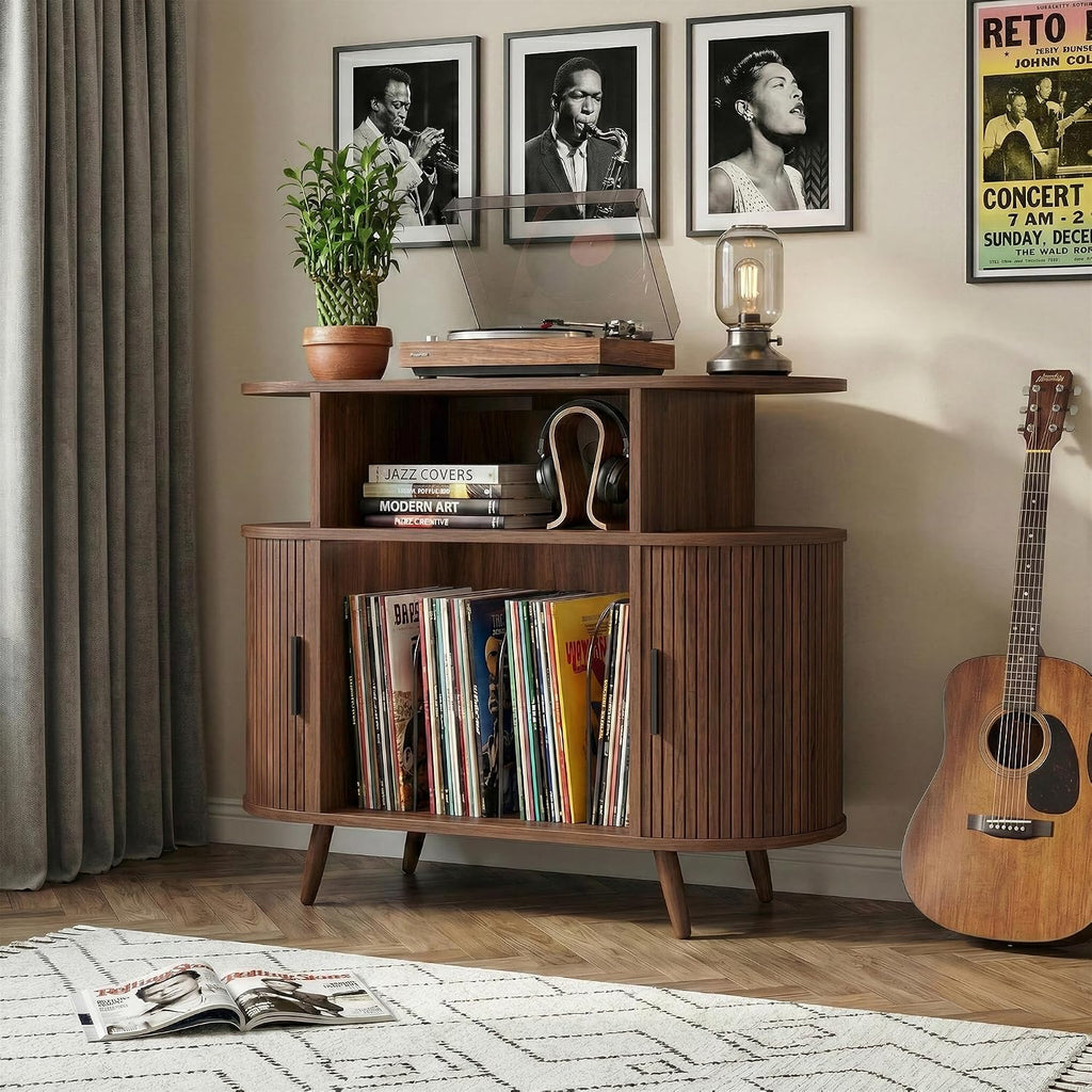 35" Record Player Stand with Storage, Media Stereo Shelf Charging, Walnut