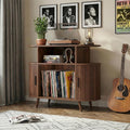 35" Record Player Stand with Storage, Media Stereo Shelf Charging, Walnut