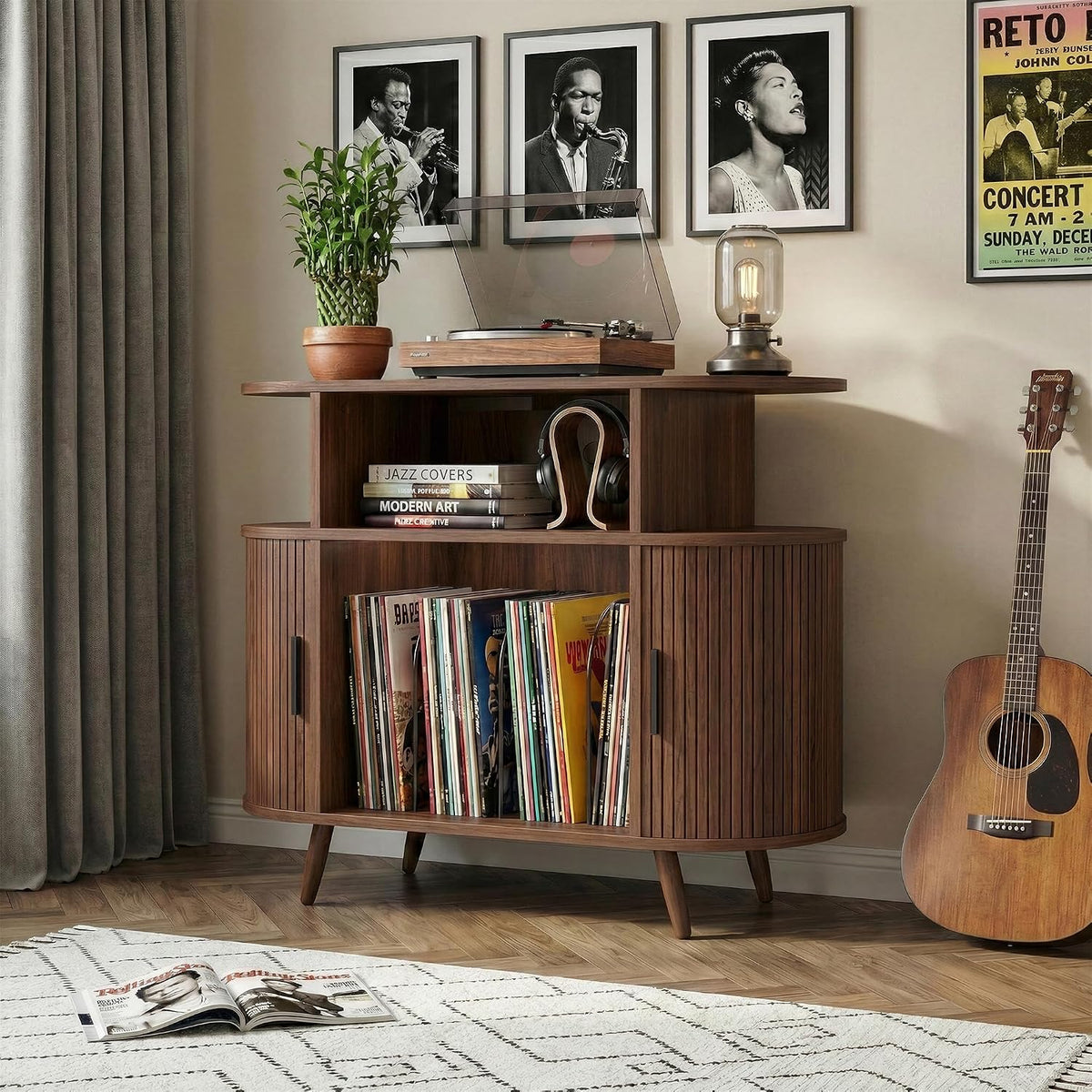 35" Record Player Stand with Storage, Media Stereo Shelf Charging, Walnut