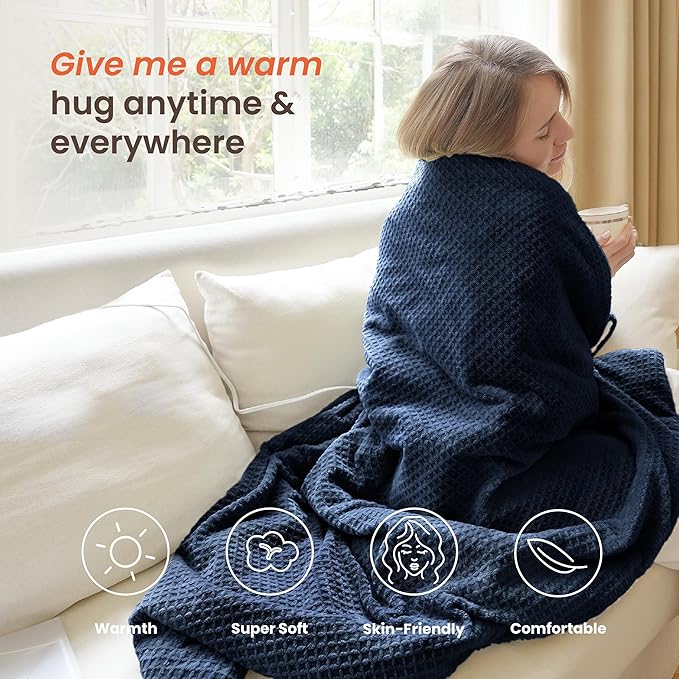 Heated Blanket Electric Throw Waffle, 50x60 Inches Sherpa Fleece Fast Heating