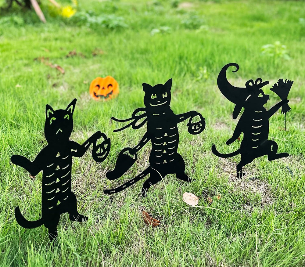 Metal Halloween Black Cat Garden Stakes Decorative, 3 Pack Scary Cat