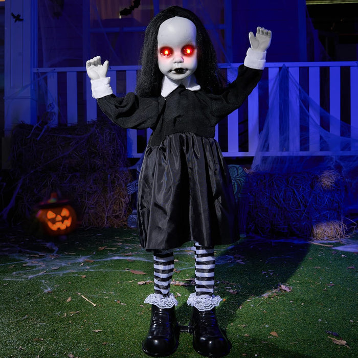 JOYIN Scary Halloween Decorations Outdoor, Black Zombie Girl Ghost Animatronics Decor with Sound Activated Sensor Glowing LED Eyes for Garden Lawn Yard Haunted House Terror Home Party Supplies