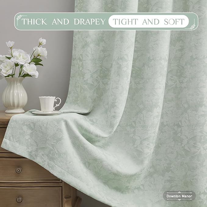 Beauoop Green Floral Jacquard Blackout Curtains 96 Inches Long 2 Panels