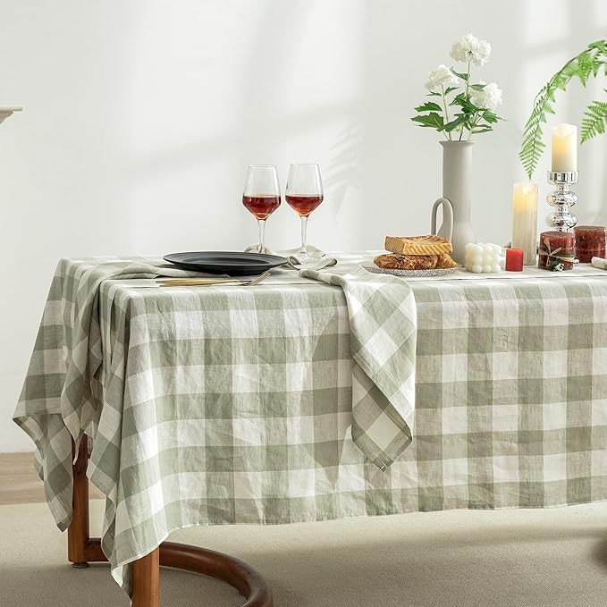 EVERLY 100% Yarn-Dyed Linen Rectangle Tablecloths 60x108Inches for Dining,Buffet Parties,Picnic,Events and Restaurants,Decorative Halloween,Thanksgiving Machine Washable Tablecloths-Sage Green Plaid