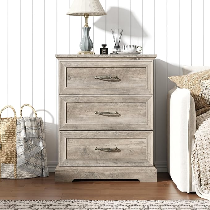 Nightstand with 3 Large Drawers, Rustic Farmhouse Wood Small Dresser, Bedside