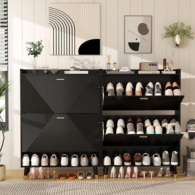 Shoe Cabinet Storage for Entryway: 65" Black Shoe Organizer Cabinet