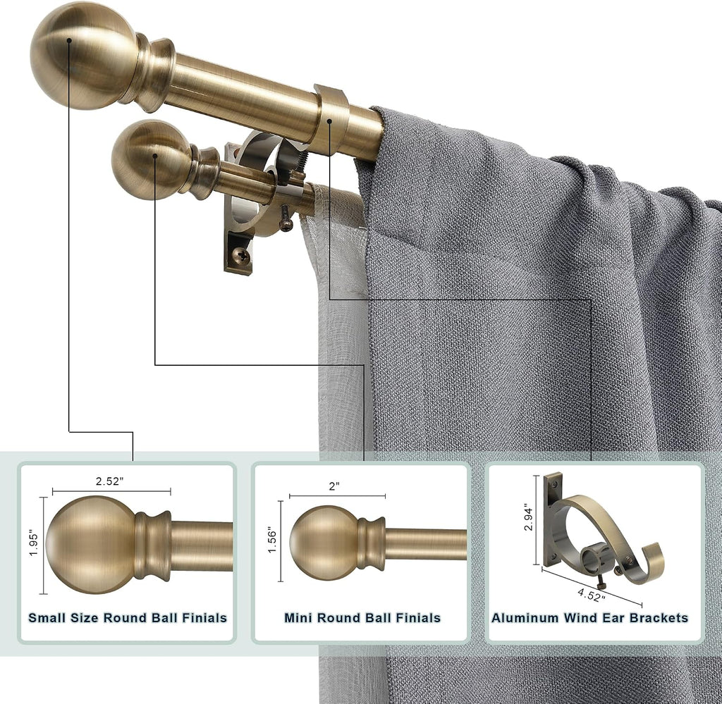 Antique Bronze Double Curtain Rods 36-72 Inch,1’’Front and 5/8’’Back Double Drapery Rod with Small Round Ball and Aluminum Brackets, Adjustable Dual Window Rod for Sheer/Blackout Curtains