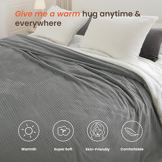Heated Blanket Electric Blanket Queen Waffle, 84x90 Inches Sherpa Fleece Fast