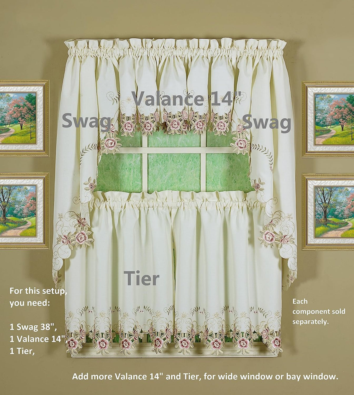 Today's Curtain Verona Reverse Embroidery Swag, 38", Ecru/Rose, 60"W X 38"L