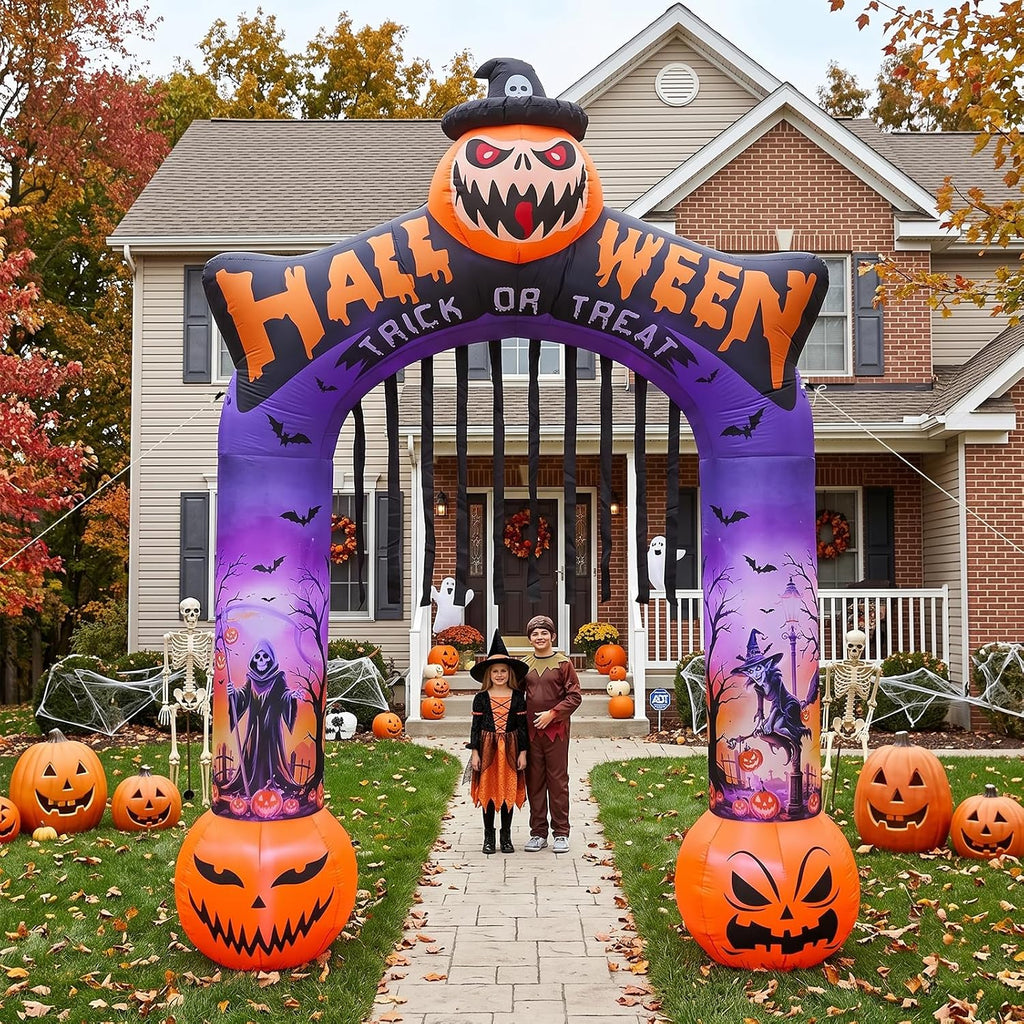 10 FT Halloween Inflatable Archway, Built-in LED Lights, Blow Up Outdoor Yard Decoration with Grim Reaper Witch Bat Patterns for Front Lawn Garden Party Décor Outdoor Holiday Party