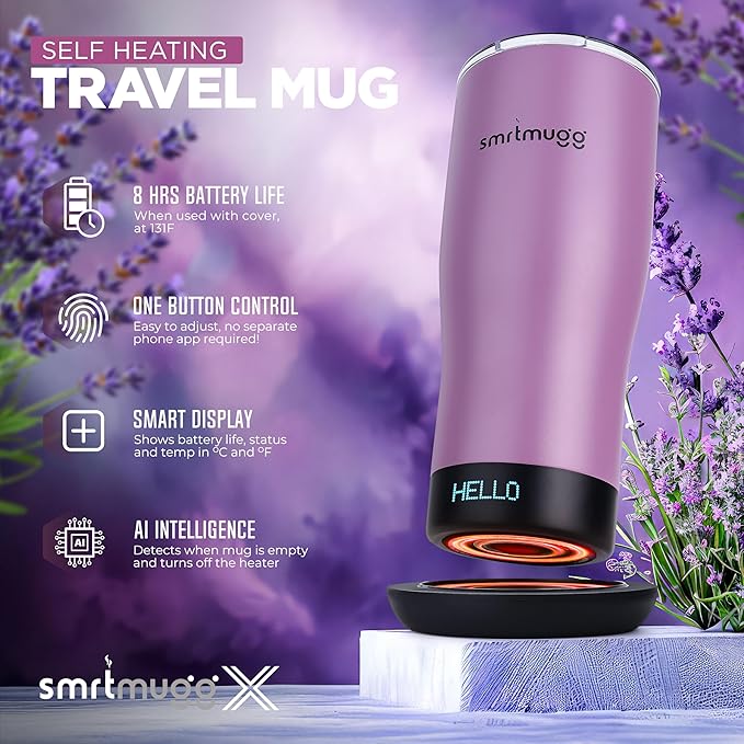 X Heated Coffee Mug 19 oz., 8 Hour Battery Life, Self-Heating, Adjustable Temp
