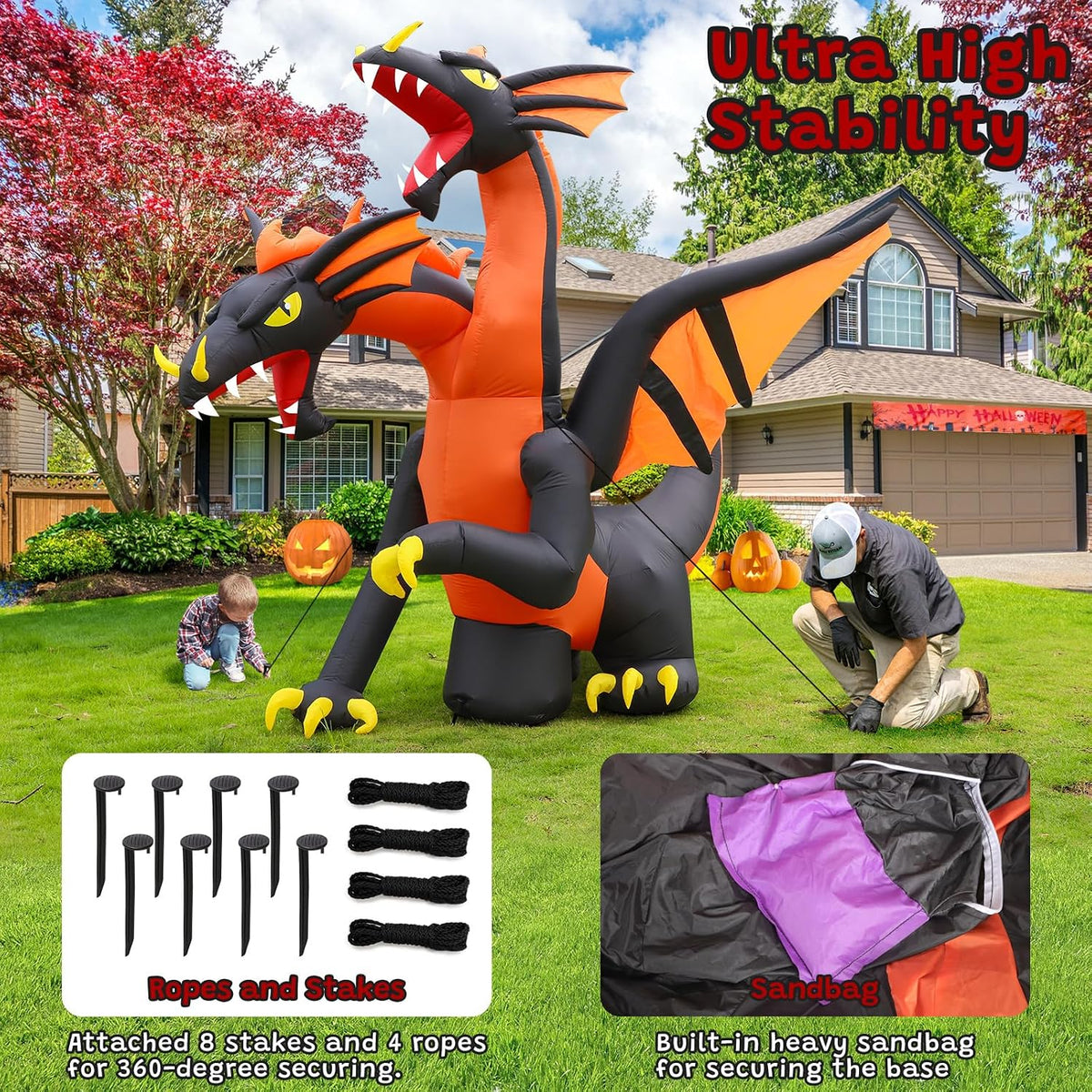 FunFanso 9.5 FT Giant Halloween Inflatable Double Headed Dragon, Blow up Festival Yard Outdoor Decorations with Built-in Bright LED Lights for Garden Lawn Garden Patio Holiday Party Decor