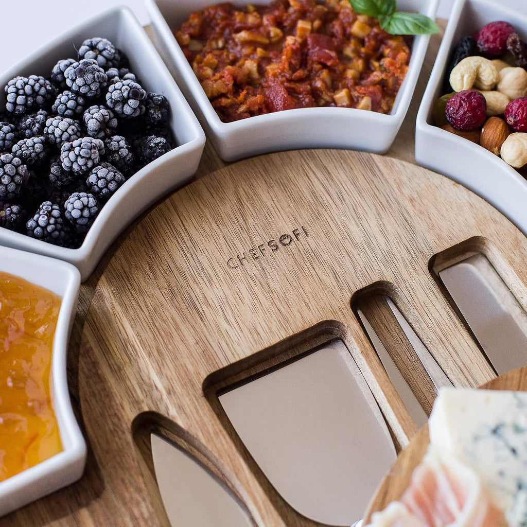 ChefSofi Charcuterie Board Set and Cheese Serving Platter - Made from Acacia Wood - US Patented 13 inch Cheese Board and Knife Set for Entertaining and Serving - 4 Knives and 4 Bowls