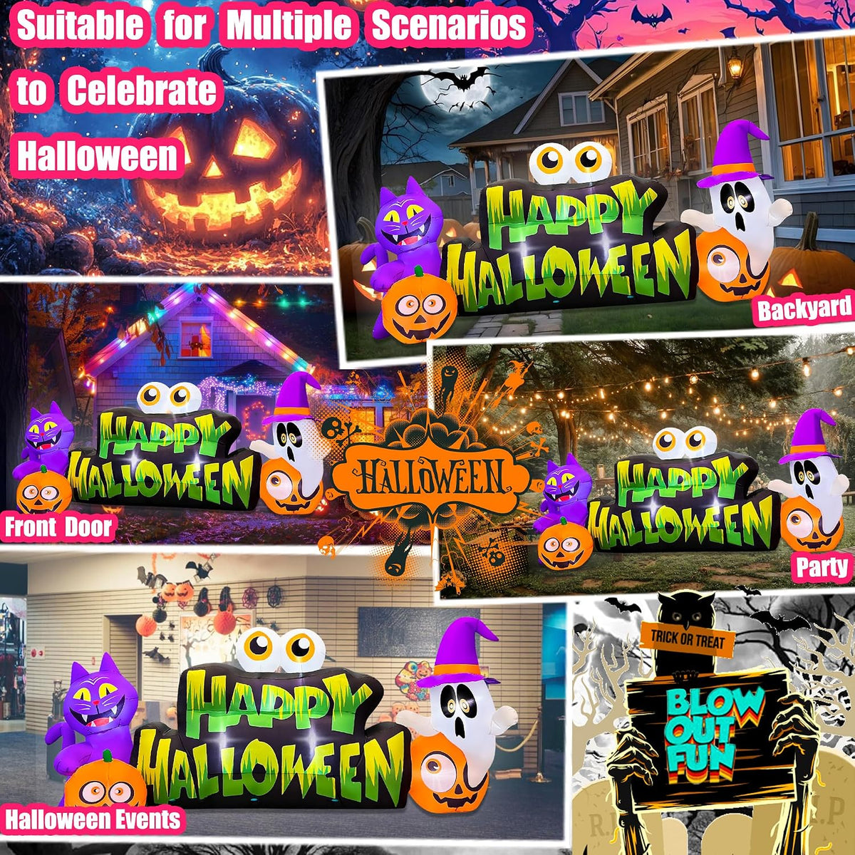 BLOWOUT FUN 10FT Halloween Inflatable Ghost Pumpkin Eyeballs Cat Banner