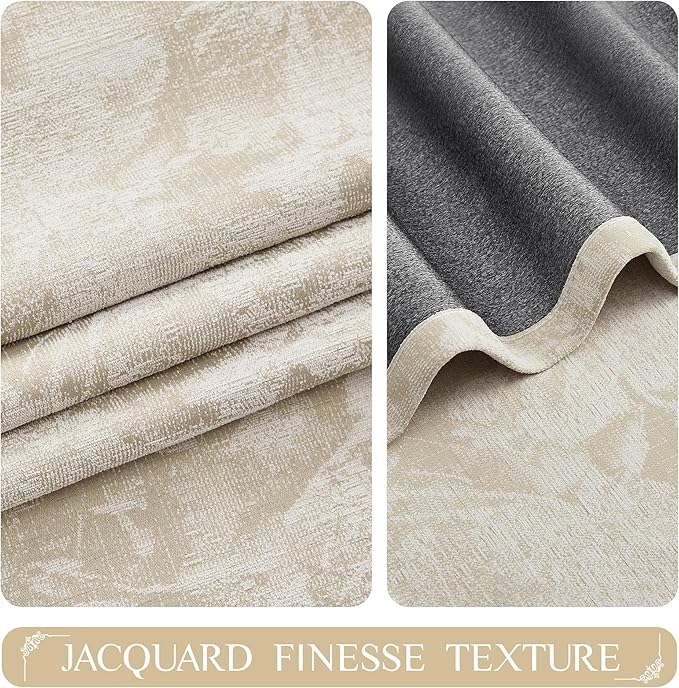 Beauoop Beige Floral Jacquard Blackout Curtains 72 Inches Long 2 Panels