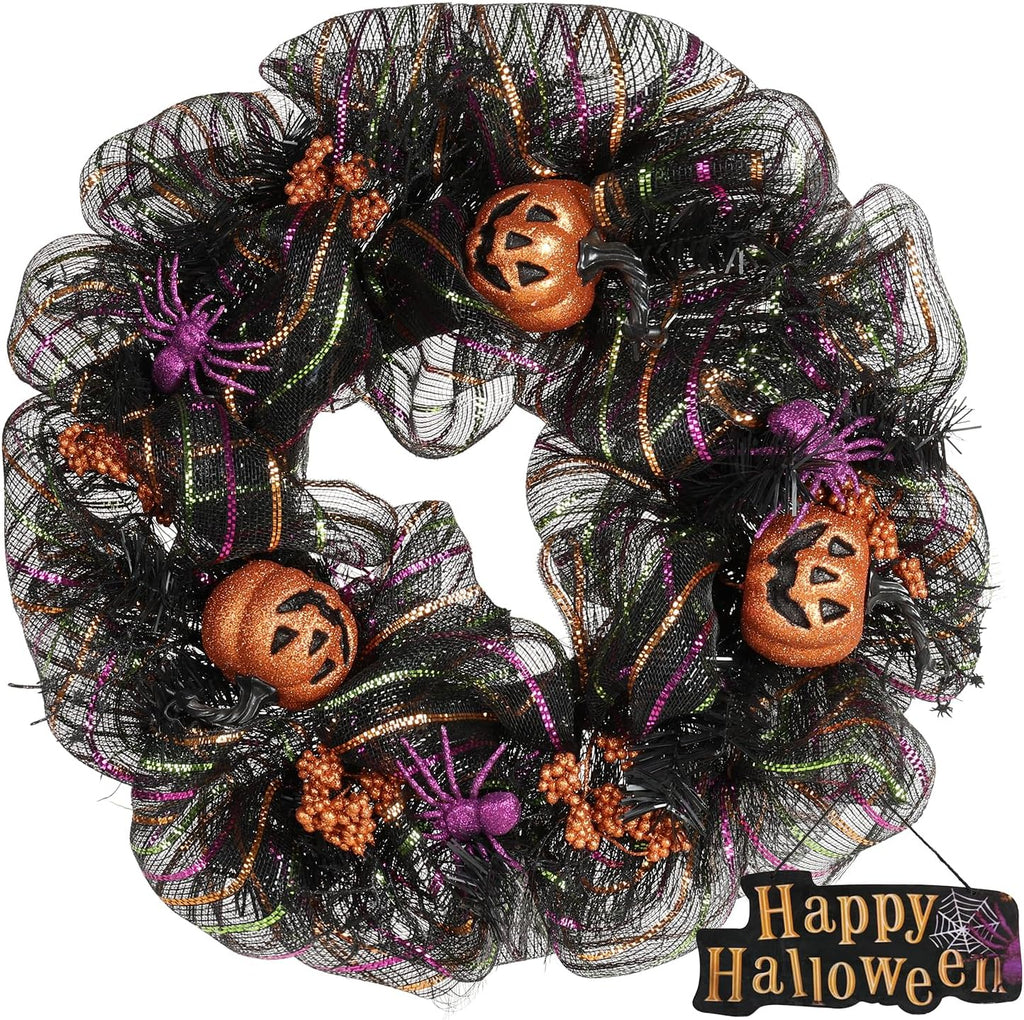 24 inch Wreath, Halloween Wreath for Front Door, Halloween Spider Decor Pumpkin Skull Wreaths, Wall, Window, Garden and Offices Decor. (Black)