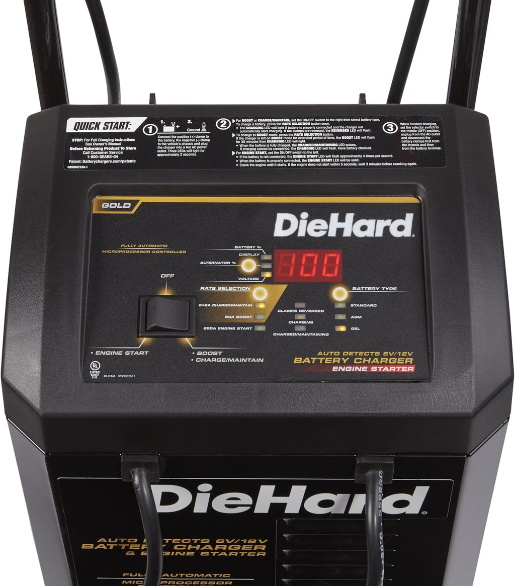 DieHard 71341 6/12V Gold Smart Wheel Battery Charger and 50/250A Maintainer