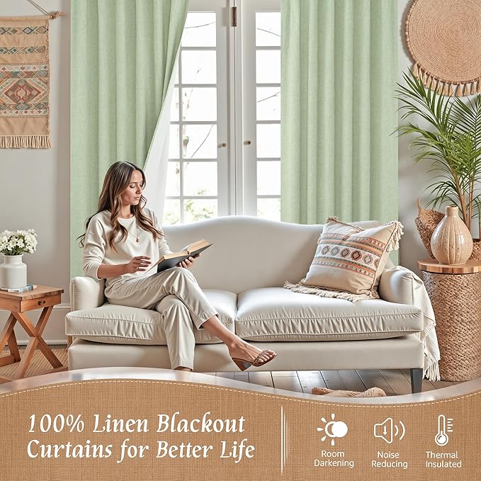 LAMIT 100% Blackout Natural Linen Curtains, 68 Inches Linen Textured Thermal