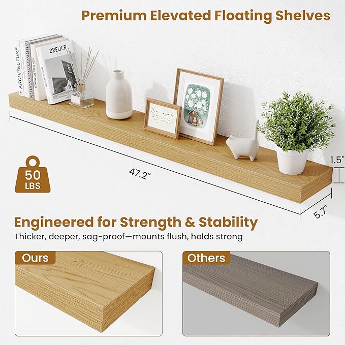 Fun Memories Floating Shelves 48 Inch, Extra Large Wood Shelf Set of 2