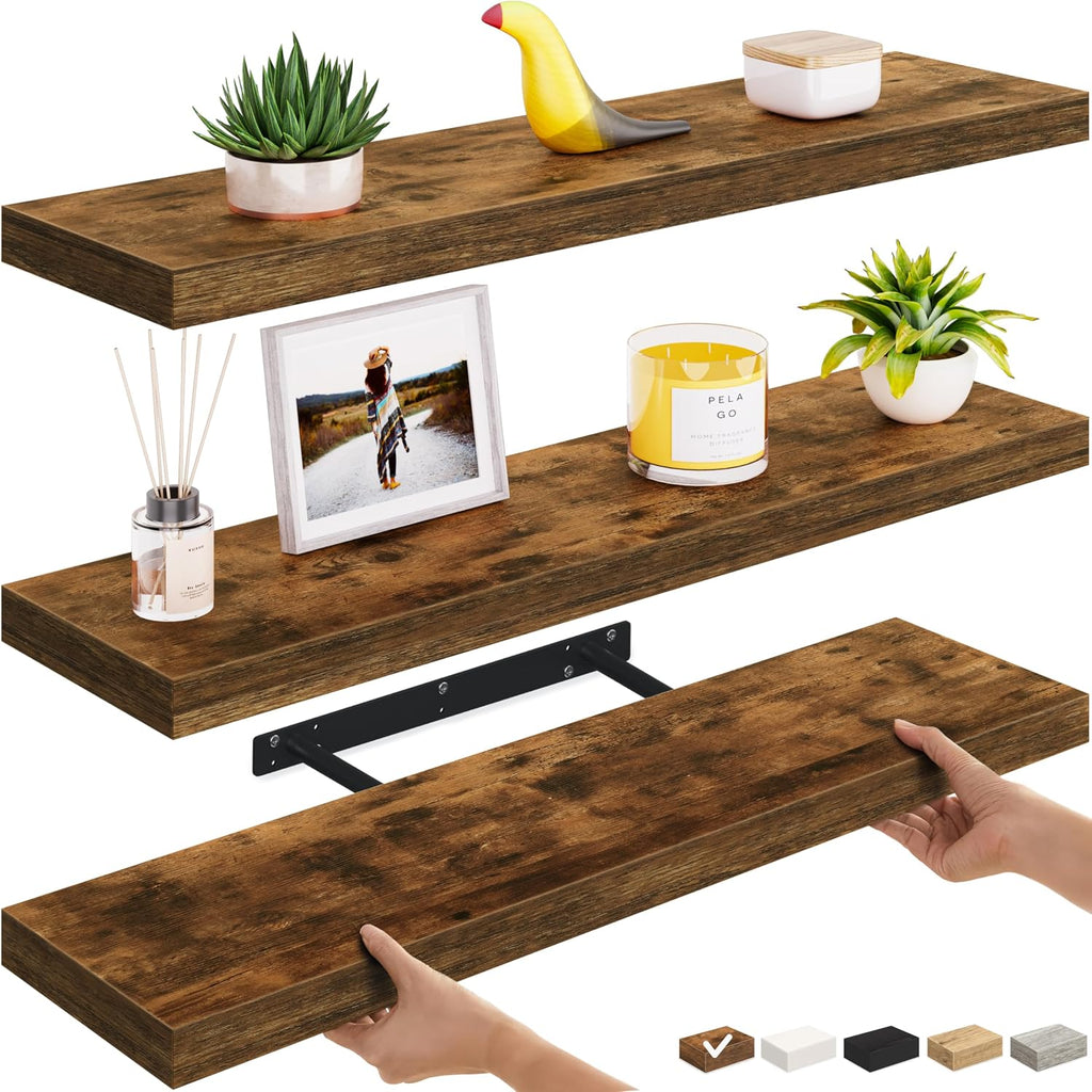 Ballucci Floating Shelves, 36" Long Wall Shelf, Set of 3, Wood Floating Shelves for Wall, Decorative Wall Shelves for Home Office, Living Room, Room Décor, 8" Deep, Set of 3, Rustic Brown