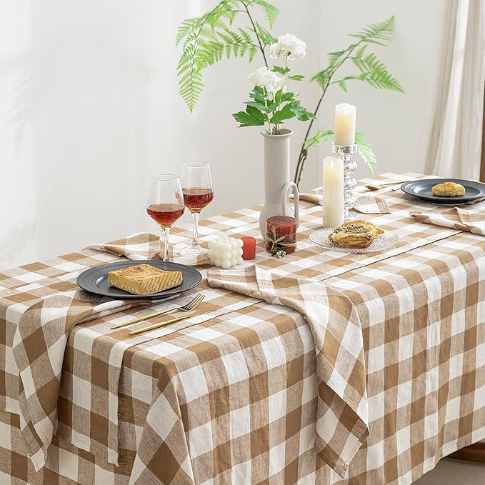 EVERLY 100% Yarn-Dyed Linen Rectangle Tablecloths 60x132Inches for Dining,Buffet Parties,Picnic,Events and Restaurants,Decorative Halloween,Thanksgiving Machine Washable Tablecloths-Brown Plaid