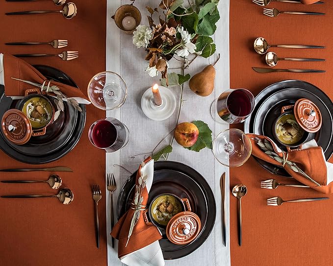Solino Home Linen Cinnamon Tablecloth 60 x 144 Inch - Classic Hemstitch, 100% Pure Linen Rectangular Tablecloth - Machine Washable Table Cloth for Fall, Autumn, Halloween, Thanksgiving