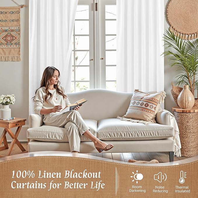 LAMIT 100% Blackout Linen Curtains 54 Inch Length, Linen Textured Thermal