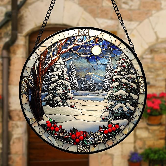 DASTOLL Stained Glass Window Hanging Christmas Tree Winter Snow Night Scenery