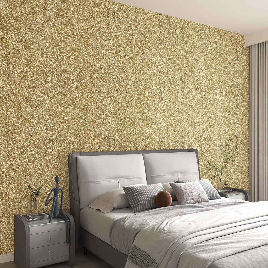 354"x17.7" Glitter Wallpaper Stick and Peel for Bedroom Gold Wallpaper Gold Glitter Wall Paper Removable Wall Covering for Bathroom Sparkle Contact Paper for Cabinets Chunky Sequins Vinyl