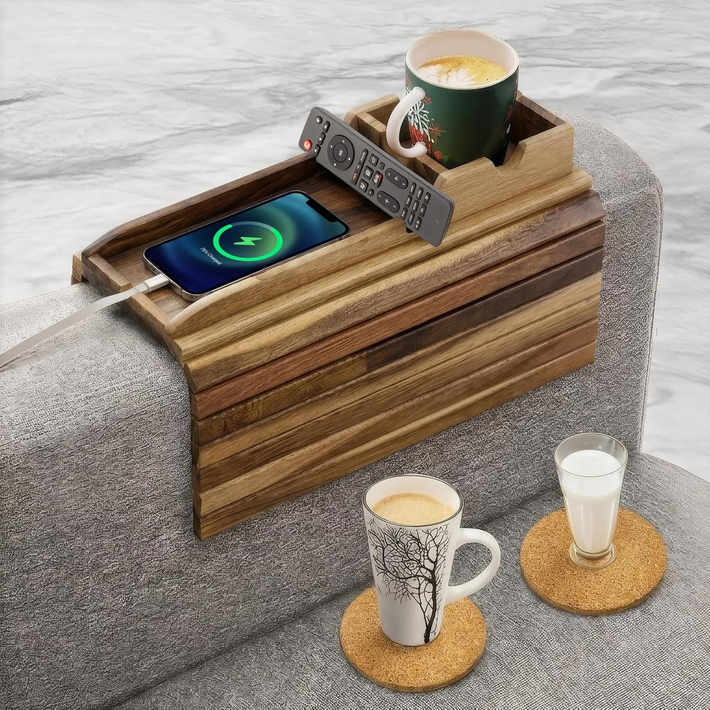 Couch Cup Holder Tray with 2 Cork Coasters, Couch Caddy, 2 in 1 Anti-Slip Foldable Sofa Arm Tray, Couch Armrest Table, Anti-Spill Holder for Remote, Snacks, Cell Phone - Ideal Gift Acacia
