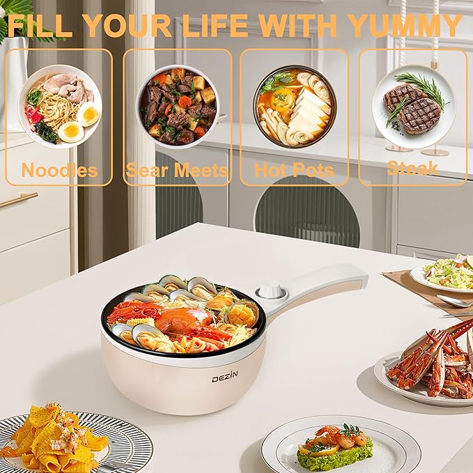 Dezin Hot Pot Electric Upgraded, Non-Stick Sauté Pan, Rapid Noodles Electric Pot