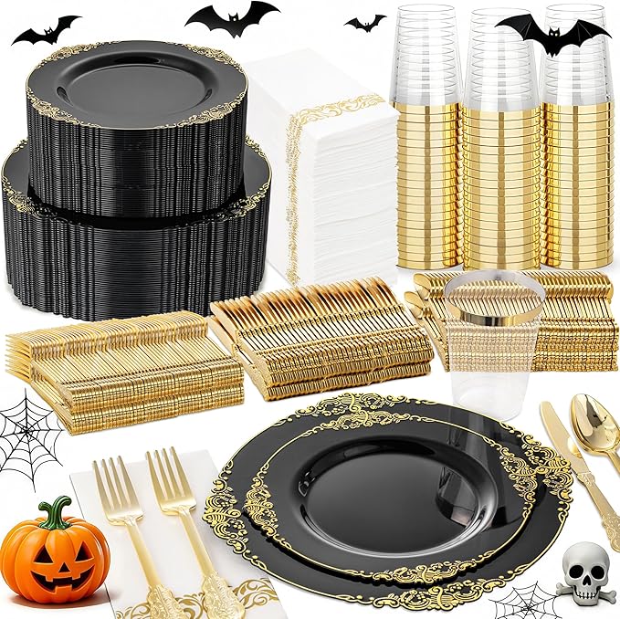 Nervure 350PCS Black Plastic Plates - Black Plastic Dinnerware Sets for 50 Guests - 100 Disposable Plates, 150 Gold Silverware, 50 Cups, 50 Napkins for Wedding & Party & Halloween