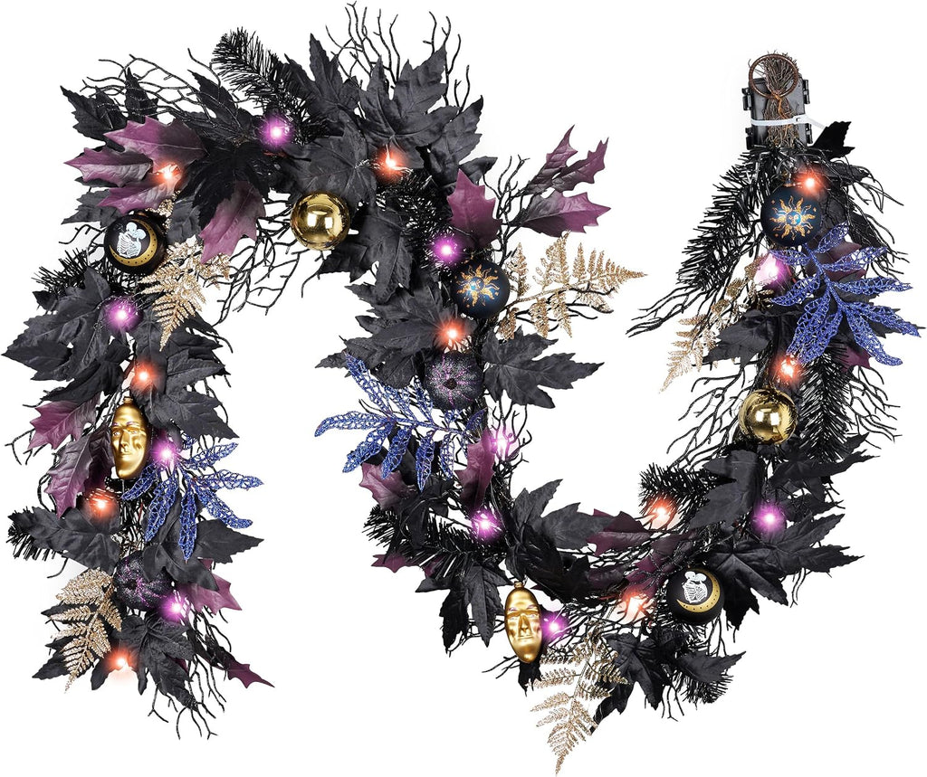 DecorbyHannah 6ft Halloween Garland for Mantle with Lights Black Leaf Decor